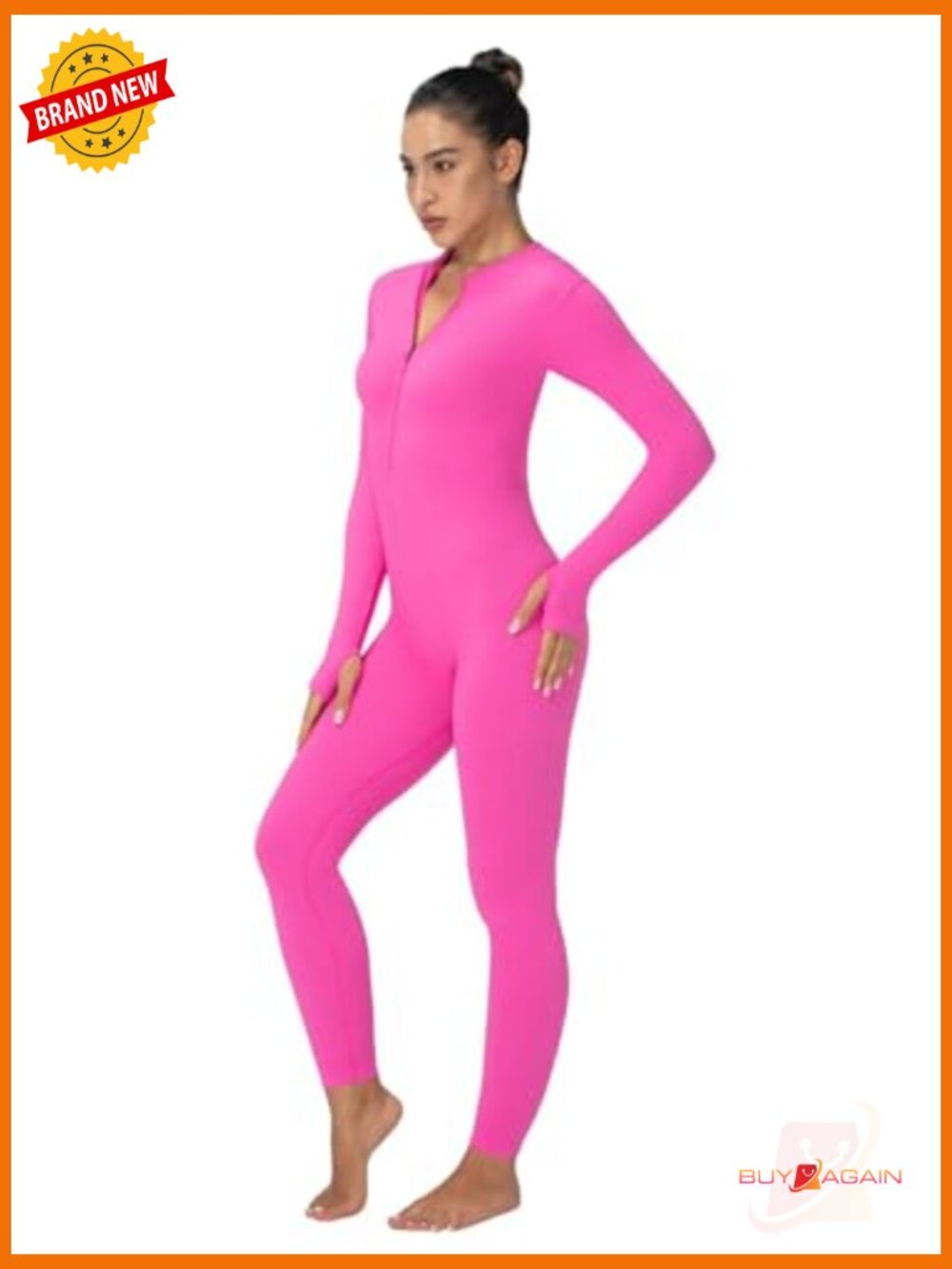 Long Sleeve Zip Front Jumpsuit - Ribbed Yoga Workout Bodycon with Thumbholes - Picture 6 of 7